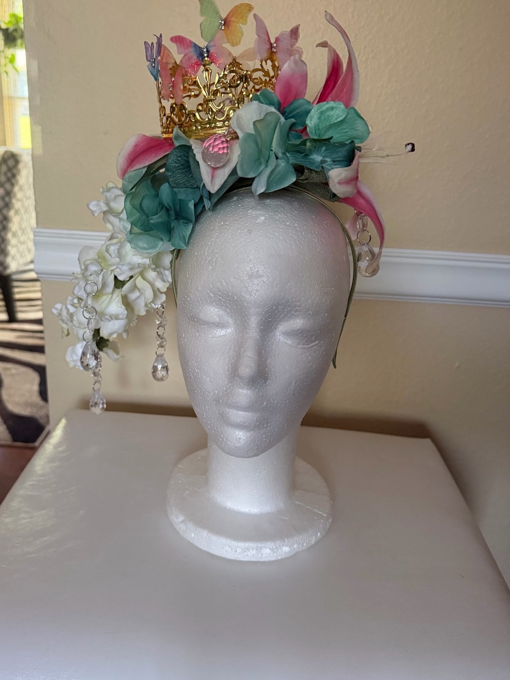 Floral Butterfly Crown Headpiece with Teal and Pink Accents